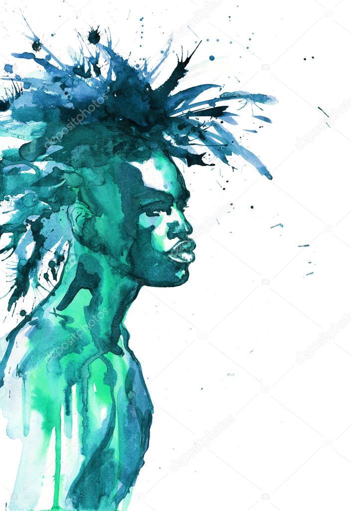 Watercolor handsome african man. Painting fashion illustration. Hand drawn portrait of young guy on white background with splashes