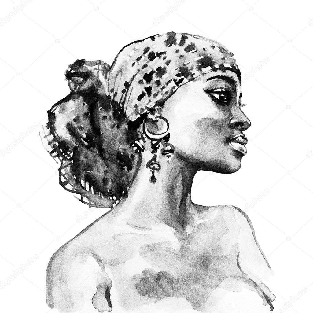 Watercolor beauty african woman. Painting fashion illustration. Hand drawn portrait of pretty girl on white background