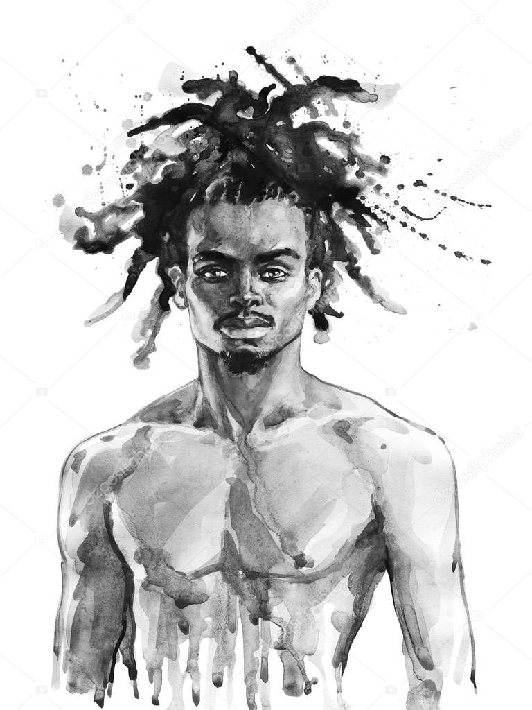 Watercolor handsome african man. Painting fashion illustration. Hand drawn portrait of muscular sexy guy on white background