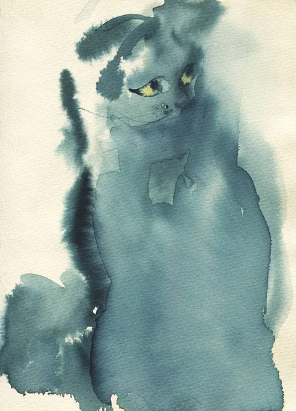 Hand drawn cat portrait. Watercolor grey fluffy pet. Painting abstract animal illustration