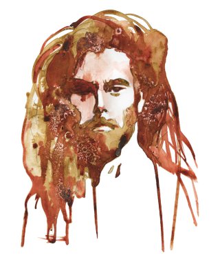 Yakışıklı genç adam resim. Beyaz arka planda uzun saçlı çocuk sanatsal suluboya portre. El çizilmiş moda illüstrasyon