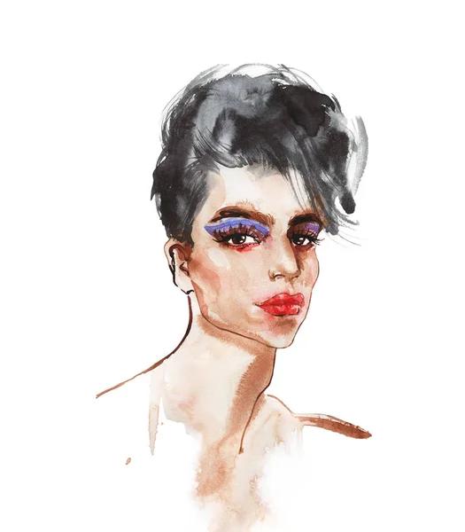 Hand drawn fashion illustration with man make up look. Watercolor portrait of handsome young person