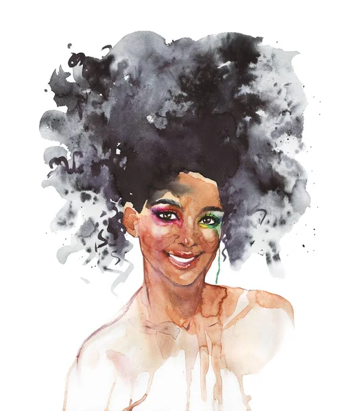 Watercolor smiling african woman, makeup look. Watercolor portrait of young lady. Painting fashion creative illustration