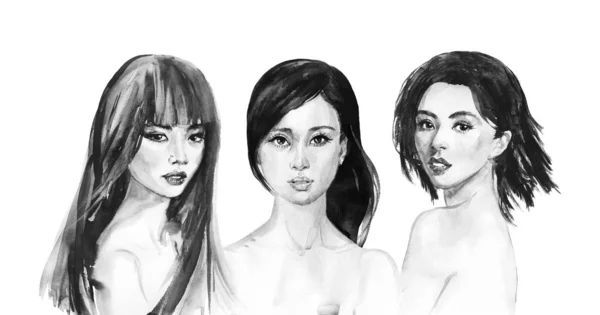 Ręcznie Rysowane Piękno Młodych Azjatyckich Kobiet Akwarela Portret Ładne Panie — Zdjęcie stockowe