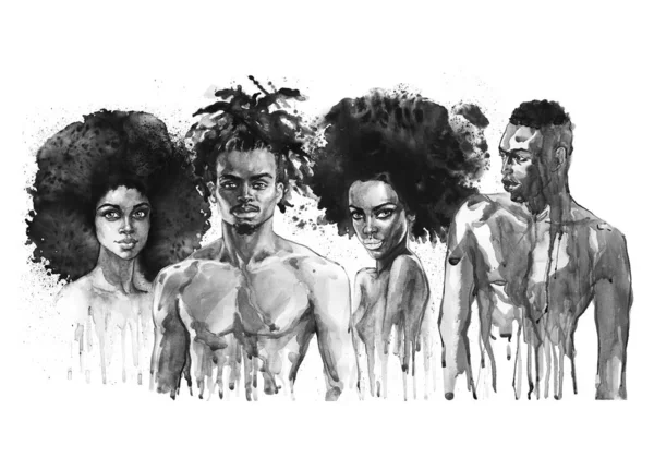 Malarstwo Afrykańskie Kobiety Mężczyźni Ręcznie Rysowane Pięknych Ludzi Białym Tle — Zdjęcie stockowe