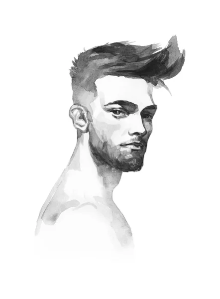 Peinture Beau Jeune Homme Portrait Aquarelle Garçon Avec Coiffure Sur — Photo