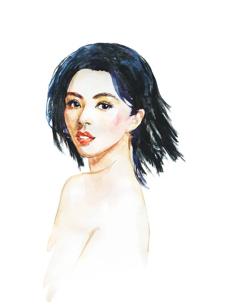 Hand drawn beauty young asian woman. Watercolor portrait of lady. Painting fashion illustration on white background