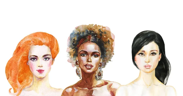 アフリカ アジア ヨーロッパの女性を描く 白い背景に美しい女性の水彩画の肖像画 手描きの多様性ファッションイラスト — ストック写真