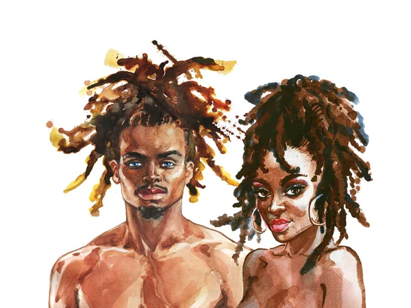 El çizilmiş Afrikalı kadın ve adam. Boyama moda Illustration. Beyaz arka planda güzel çift suluboya portre