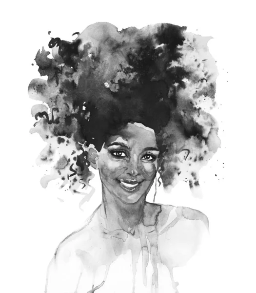 Aquarela Beleza Mulher Africana Retrato Aquarela Jovem Pintura Moda Ilustração — Fotografia de Stock