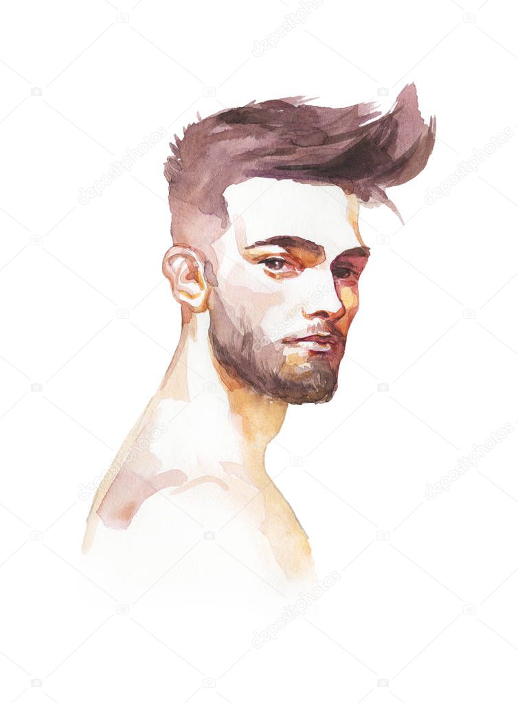 Painting handsome young man. Watercolor portrait of boy with hair style on white background. Hand drawn fashion illustration