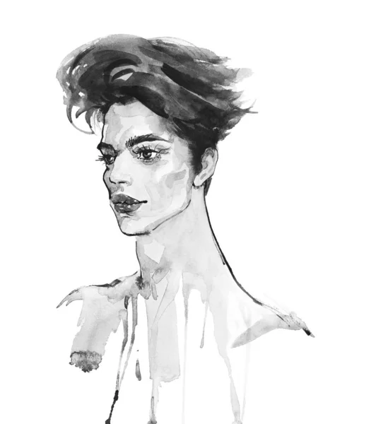 Akvarell mode illustration med människan smink look. Handritad monokrom porträtt av stilig ung person på vit bakgrund — Stockfoto