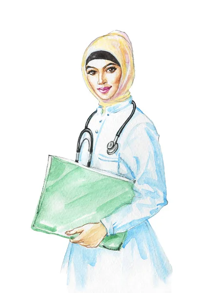 Watercolor arabian woman doctor — Stock Photo, Image