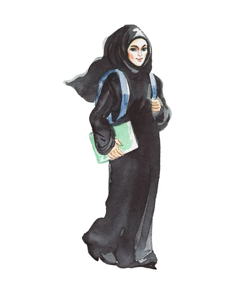 Watercolor arabian woman student — Stock Photo, Image