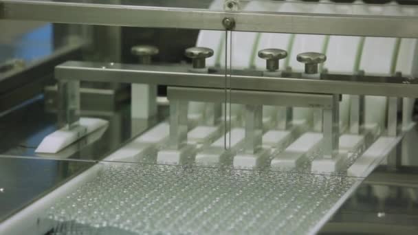 O transportador leva os gargalos para medicamentos líquidos na fábrica de medicamentos — Vídeo de Stock