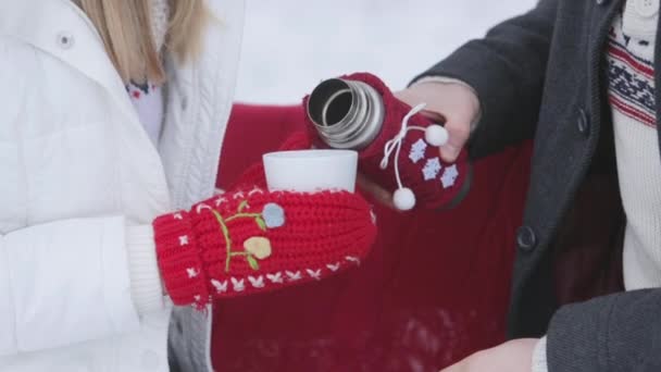 Casal apaixonado bebendo chá quente no inverno — Vídeo de Stock