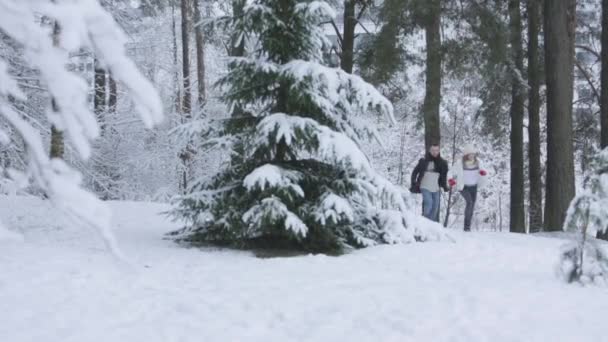 Couple jouant rattrapage dans la forêt d'hiver — Video