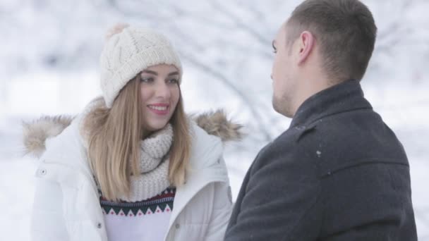 年轻夫妇在冬季公园里互相微笑和交谈 — 图库视频影像