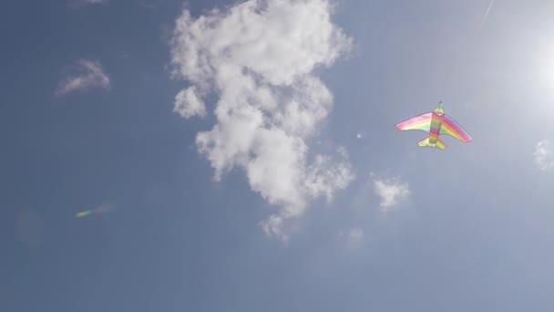 Воздушный змей летит в ветреном солнечном летнем небе в замедленной съемке — стоковое видео