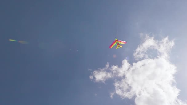 Ağır çekimde güneşli yaz gökyüzünde uçan uçurtma — Stok video