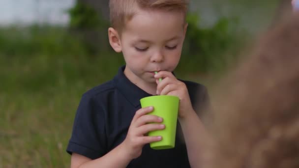 Ragazzo beve succo di frutta in famiglia picnoc in estate al rallentatore — Video Stock