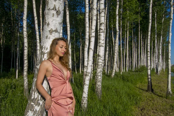 Joven esbelta hermosa chica en un vestido de coral largo posando en un bosque de abedules sonriente estilo de moda — Foto de Stock