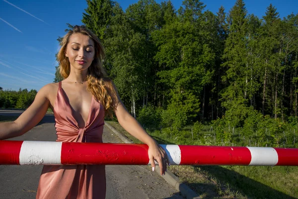 Joven esbelta hermosa chica en un vestido de coral largo posando por el estilo de moda barrera roja — Foto de Stock