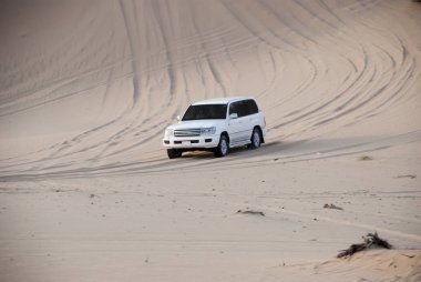 Cicili beyaz Suw 4 x 4 çöl safari üzerinde kumullar exreme Arabistan seyahat yarış ralli spor araç içinde kum üzerinde tüm çark sürücü