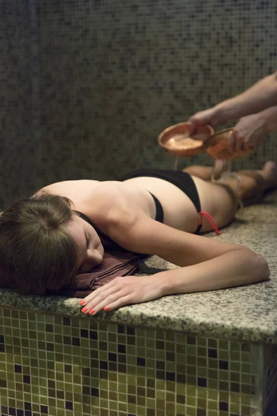 Young woman massage in hammam or turkish bath. — Stock Photo, Image