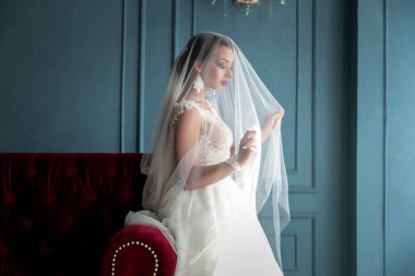 muhteşem, zarif, Genç esmer gelin peçe portre kırmızı dudaklar ile altında poz vintage beyaz elbiseli. Gelin portre düğün makyaj ve saç, moda gelin. Güzel gelin peçe