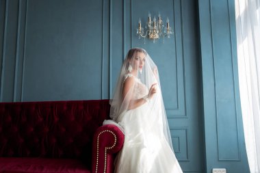 Muhteşem, zarif, Genç esmer gelin peçe portre kırmızı dudaklar ile altında poz vintage beyaz elbiseli portre vurdu. Gelin portre düğün makyaj ve saç, moda gelin. Güzel gelin