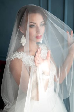 Kırmızı dudaklar ile peçe portre altında poz vintage beyaz elbiseli Genç esmer gelin. Gelin portre düğün makyaj ve saç, moda gelin. Güzel gelin peçe