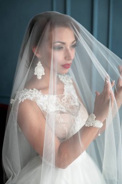 esmer gelin peçe portre kırmızı dudaklar ile altında poz vintage beyaz elbiseli. Gelin portre düğün makyaj ve saç, moda gelin. Güzel gelin peçe