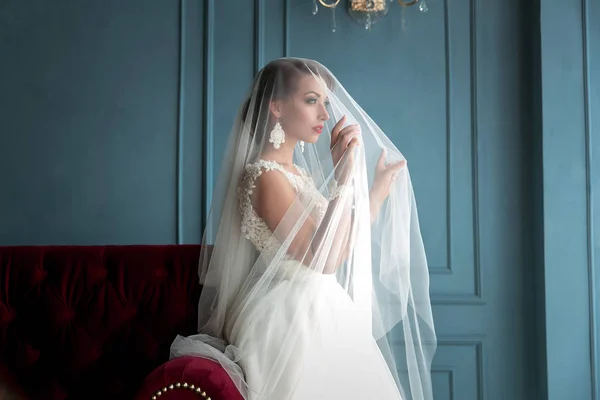 Close-up tiro de linda, elegante, jovem noiva morena com lops vermelhos em vestido branco vintage posando sob o véu closeup com lábios vermelhos. Retrato de noiva maquiagem de casamento e penteado, noiva de moda — Fotografia de Stock