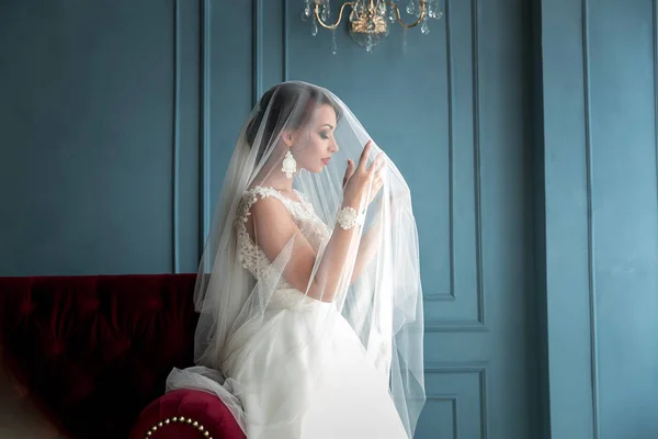 Linda, elegante, jovem noiva em vestido branco vintage posando sob o véu closeup com lábios vermelhos. Retrato de noiva maquiagem casamento e penteado, noiva de moda. Bela noiva em véu — Fotografia de Stock
