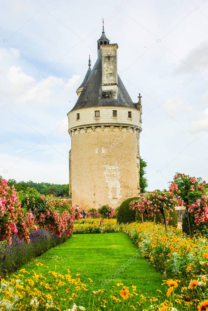 Tower of The Chateau de Chenonceau is a French chateau spanning the River Cher, near the small village of Chenonceaux in the Indre-et-Loire departement of the Loire Valley in France. It is one of the