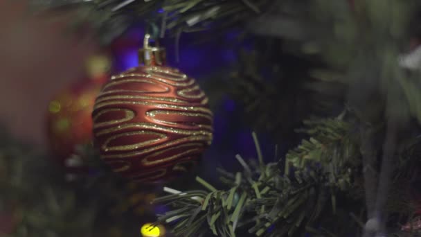 크리스마스 그리고 새 해 빨간색과 금색 장식입니다. 개요는 Bokeh 휴가 배경 흐리게. 깜박임 화 환. 반짝이 크리스마스 트리 조명. — 비디오