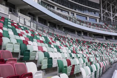 Minsk, Beyaz Rusya, 14 Ağustos 2018 - Ulusal Olimpiyat Stadyumu Dinamo ise çok amaçlı futbol ve atletizm Stadyumu Minsk, Beyaz Rusya, bir büyük yenileme projesi sonra yeniden açıldı. 2019 ev sahipliği yapacak