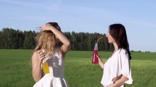 Slow motion sköt två leende unga vuxna sexiga tjejer dricka exotiska tropiska alkohol cocktail eller en kall dryck juice eller läsk röd jordgubbe eller apelsin smak och smak utomhus i klänning på soliga varma — Stockvideo