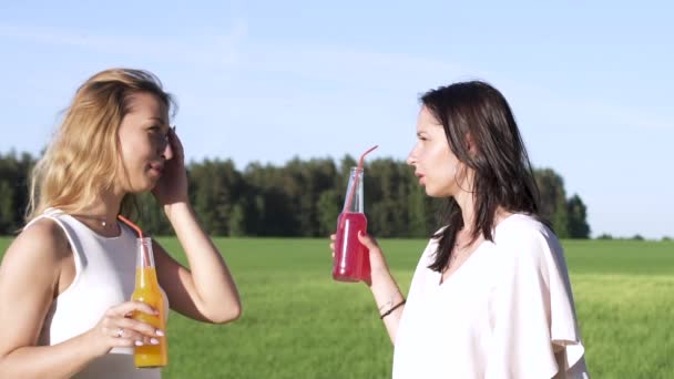 Disparo en cámara lenta Dos chicas sexys adultas jóvenes beben de un cóctel de alcohol tropical exótico de paja o jugo de bebida fría o refresco fresa roja o naranja sabor y sabor al aire libre en el vestido en caliente soleado — Vídeo de stock