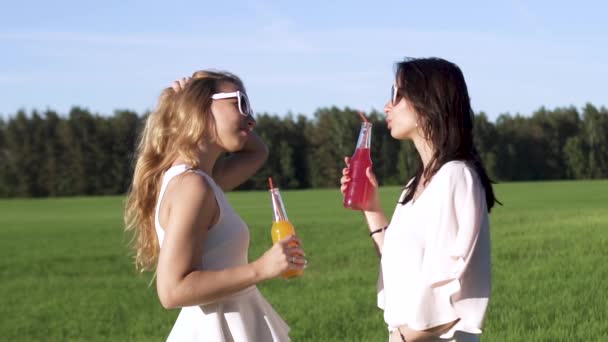 Zpomalený záběr dvě mladé dospělé sexy dívek v brýle úsměvy a pít exotické tropické alkohol koktejl nebo studený nápoj šťávy nebo sody červené jahody nebo oranžové chuť a chuť venku v šatech na — Stock video