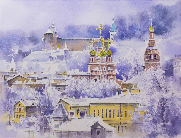 Pintura de aquarela Igreja de Natal em Nizhny Novgorod Rússia no inverno sob desenho de paisagem urbana de neve — Fotografia de Stock