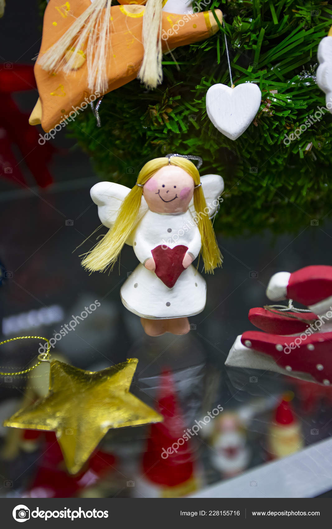 Vintage Christmas Tree Toy Decorations White Angel Stock Photo