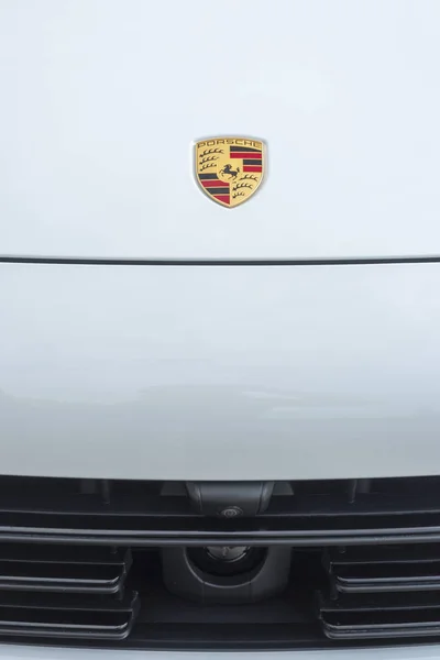 Slovenia ljubljana, 31 August 2019 - Porsche Cayenne Coupe Turbo S logo and radar system of park assist and cruise control from Stuttgart during test drive — Stock Photo, Image