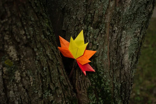 Otoño concepto fondo papel tradicional artesanal origami caído arce hojas naturaleza colorido fondo imagen perfecta para uso estacional — Foto de Stock