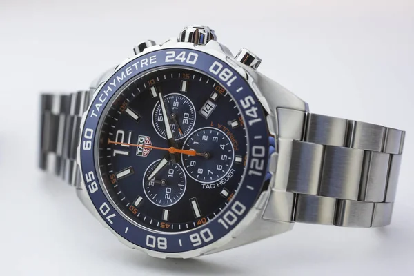 Chaux-de-Fonds, Switzerland, August 21 2019 - The close up of Tag Heuer formula 1 Grand Carrera watch with tachymetre a famous swiss made luxury wrist watch — Stock Photo, Image