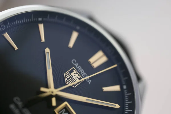Chaux-de-Fonds, Switzerland, August 21 2019 - The close up of Tag Heuer Grand Carrera watch, a famous swiss made luxury wrist watch from Switzerland manufacturing clock company macro logo — Φωτογραφία Αρχείου