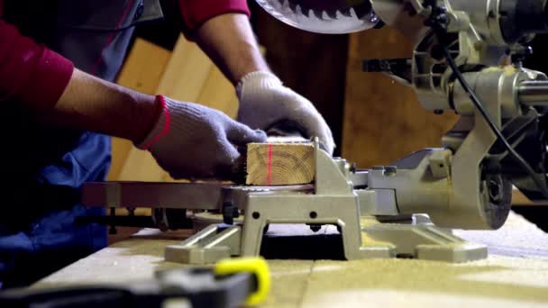 参加者はワークショップでレーザーで円形ののこぎりを使用して木のブランクの一部を切断 — ストック動画
