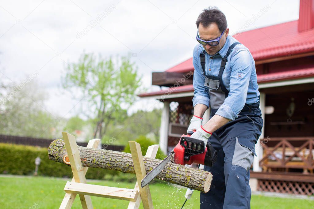 Man sawing wood preparing for heating in winter. Chainsaw cutting trees outdoors