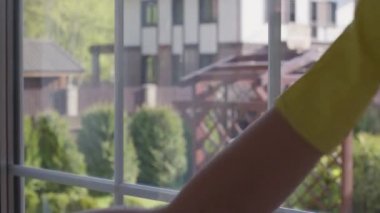 Lastik eldivenli kadın pencereleri yıkıyor, paçavrayla toz temizliyor, temizlik yapıyor.